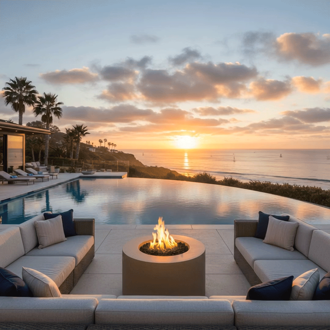 At sunset beside an infinity pool that seems to spill into the ocean horizon, a glowing round fire pit flickers between two deep, cushioned sectionals, casting warm light across the stone patio as palm trees and sailboats frame the view, creating an inviting outdoor fire pit scene that feels like a private resort, where this luxury fire pit anchors a serene backyard oasis designed for relaxed lounging, stargazing, and lingering conversations by the water’s edge.