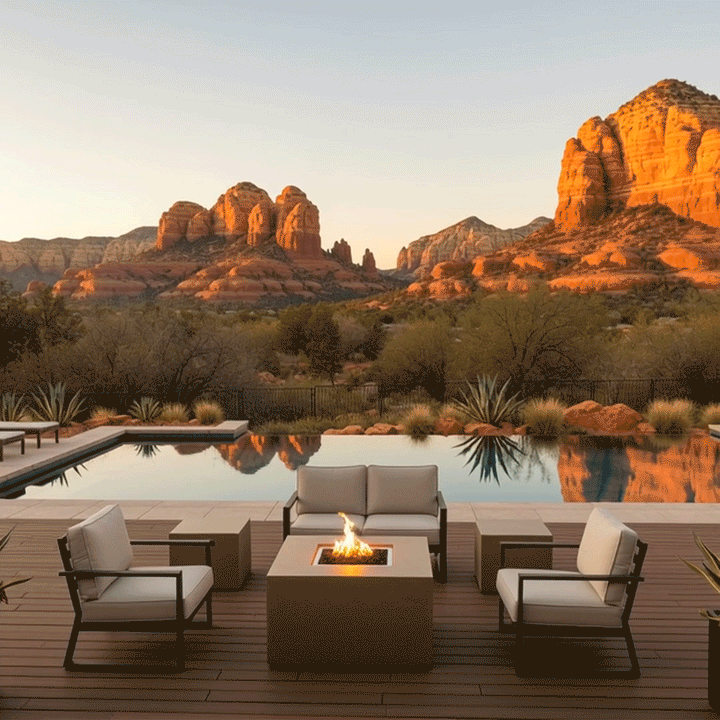 On a raised wood deck beside a still pool and desert landscaping, a light sand patio fire pit shaped as a square fire pit sits between a cushioned loveseat and two matching armchairs, its center filled with dark lava rocks and a small orange flame, while agave plants, shrubs, and red rock formations in the distance frame the outdoor fire pit against a pale evening sky.