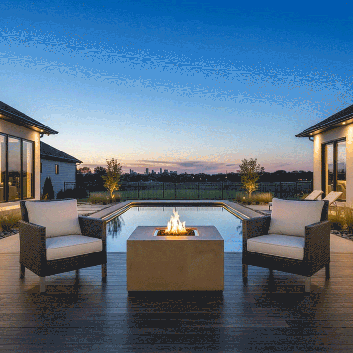 At dusk in a fenced yard, two wicker-style lounge chairs with white cushions face a tan patio fire pit formed as a squat square fire pit, the central cutout containing rough dark stones and a compact flame; the piece sits on wood-look decking at the edge of a rectangular pool, with lawn, small trees, and neighboring houses beyond, giving the scene the appearance of a simple backyard fire pit used as the main outdoor fire pit by the water.