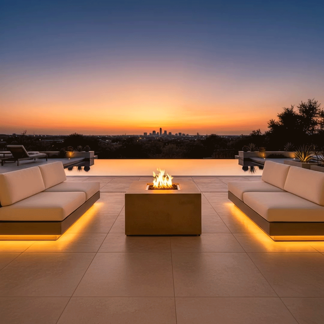 On a broad tile terrace overlooking an infinity pool and distant city skyline at sunset, a sand-colored square fire pit stands between two low white sofas whose bases glow with warm underlighting, the central opening of the outdoor fire pit filled with dark stones and several short flames, while trees, planters, lounge chairs, and the flat horizon line turn the rectangular layout into a symmetrical fire feature that matches the surrounding modern fire pit style.