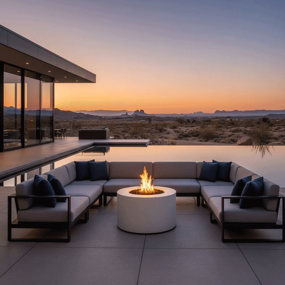 A low white concrete fire pit burns steadily at the heart of an expansive poolside lounge, framed by an L-shaped sectional with navy accent pillows and an infinity pool that seems to blend into the desert horizon at sunset; the round fire pit anchors this scene as a sophisticated luxury fire pit, transforming the minimalist patio into a serene backyard oasis designed for quiet conversation, stargazing, and long, warm evenings outdoors.