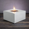 The Starfire Designs Beton 42" White Square Hidden Propane Tank Gas Fire Pit, showcasing a modern white concrete finish and robust flame for outdoor ambiance and warmth. 