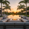 In a palm-lined yard at sunset, two long sectionals face each other across a narrow pool, leaving space in the middle for a white square fire pit whose recessed center shows dark stones and several small flames, the outdoor fire pit resting on wood-look decking as tall palms, clipped hedges, lounge chairs, and the glowing sky surround the arrangement to form a symmetrical seating court that resembles a resort-style backyard oasis suited to outdoor entertaining.