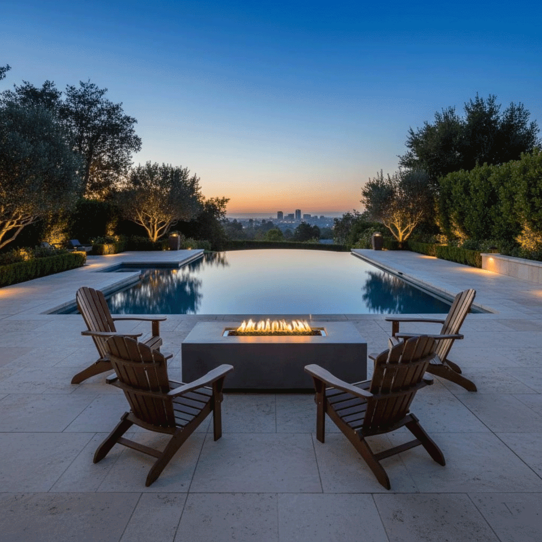 At dusk on a pale stone patio overlooking a long pool, four wooden Adirondack chairs are arranged in a semicircle around a gray rectangular fire pit, the outdoor fire pit displaying a straight band of flames in a recessed trough, while trimmed hedges, lit trees, and a distant city skyline beyond the pool’s far edge establish the space as a formal backyard fire pit setting above the valley.
