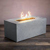 Starfire Designs Beton 55-inch natural gray rectangle hidden propane tank gas fire pit shown from a front angle view. This concrete gas fire pit features a sleek, rectangular design in a smooth natural gray finish. The hidden propane tank compartment is conveniently tucked away, providing a clean and modern outdoor fire pit setup ideal for patio or backyard use