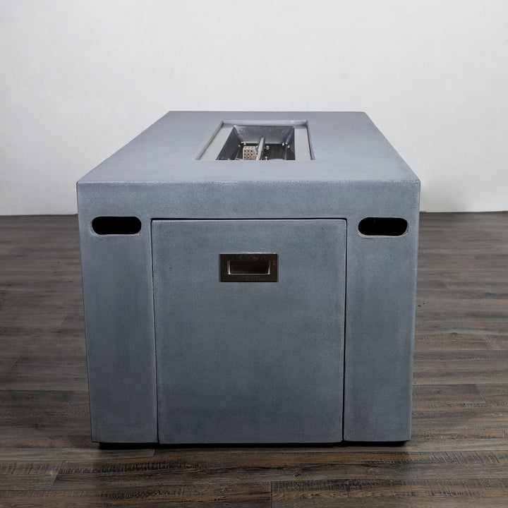 Front view of the Starfire Designs Beton 55" Natural Gray Rectangle Hidden Propane Tank Gas Fire Pit, highlighting the hidden storage compartment for the propane tank with an integrated pull-out door and sleek concrete frame. Perfect for contemporary outdoor patio spaces.