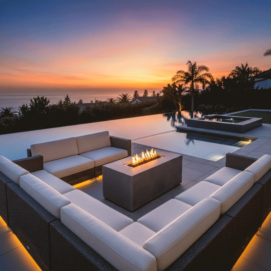 A gray rectangular fire pit stands at the center of a large U-shaped wicker sectional on a stone patio beside an infinity pool, the patio fire pit showing a narrow channel of glowing flames above small rocks while underlighting traces the base of the seating, and beyond the water line palm trees, hedges, and the fading orange sky surround the symmetrical fire feature, giving the poolside arrangement the look of a private backyard oasis.