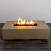 Elegant flame display on the Starfire Designs Beton 55-inch sand rectangle gas fire pit, showcasing a glowing fire that enhances the ambiance of outdoor patios. The sand-colored concrete finish adds a touch of modern sophistication to backyard settings