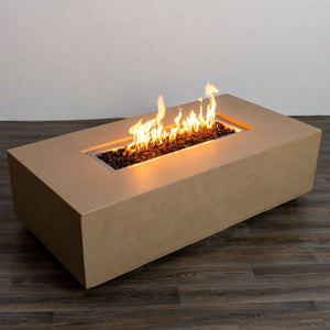 Starfire Designs Beton 55-inch sand-colored rectangular gas fire pit with roaring flames and no wind guard. The sleek concrete surface in sand tone contrasts beautifully with the glowing fire, making it an ideal centerpiece for outdoor relaxation