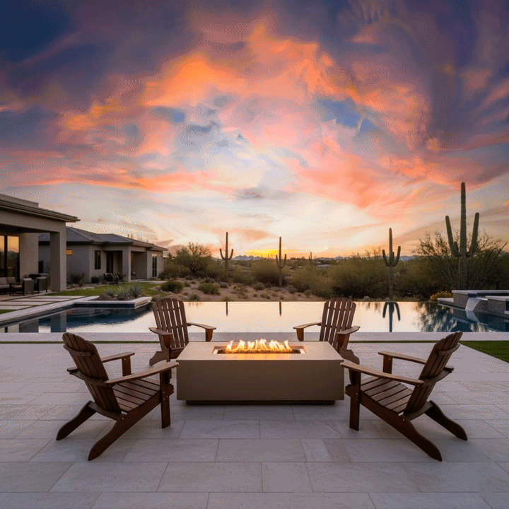 On a pale stone patio beside an infinity pool that blends into a desert horizon, four wooden Adirondack chairs form a circle around a low sand-colored concrete fire pit, its long rectangular burner sending steady flames above dark lava rocks as tall saguaro cacti and a vivid pink-and-orange sunset sky frame the scene, turning the space into a relaxed backyard fire pit setting that feels like a private backyard oasis in the desert.