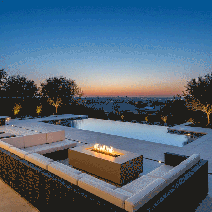 At dusk on a broad poolside terrace, a tan concrete fire pit with a slim rectangular opening and bright linear flames sits at the center of a U-shaped wicker sectional topped with light cushions, while an infinity pool reflects the fading orange skyline and softly lit trees, creating an inviting outdoor fire pit arrangement that supports casual conversation, lounging, and flexible outdoor entertaining with city views in the distance.