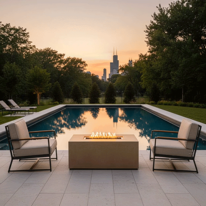 On a light stone terrace beside a narrow pool at sunset, two metal-framed lounge chairs with beige cushions face a sand-toned patio fire pit shaped as a low rectangular fire pit, its central channel of flames reflecting in the still water while trees and a distant city skyline frame the yard, the simple seating around this backyard fire pit suggesting a compact outdoor entertaining area at the edge of the lawn.