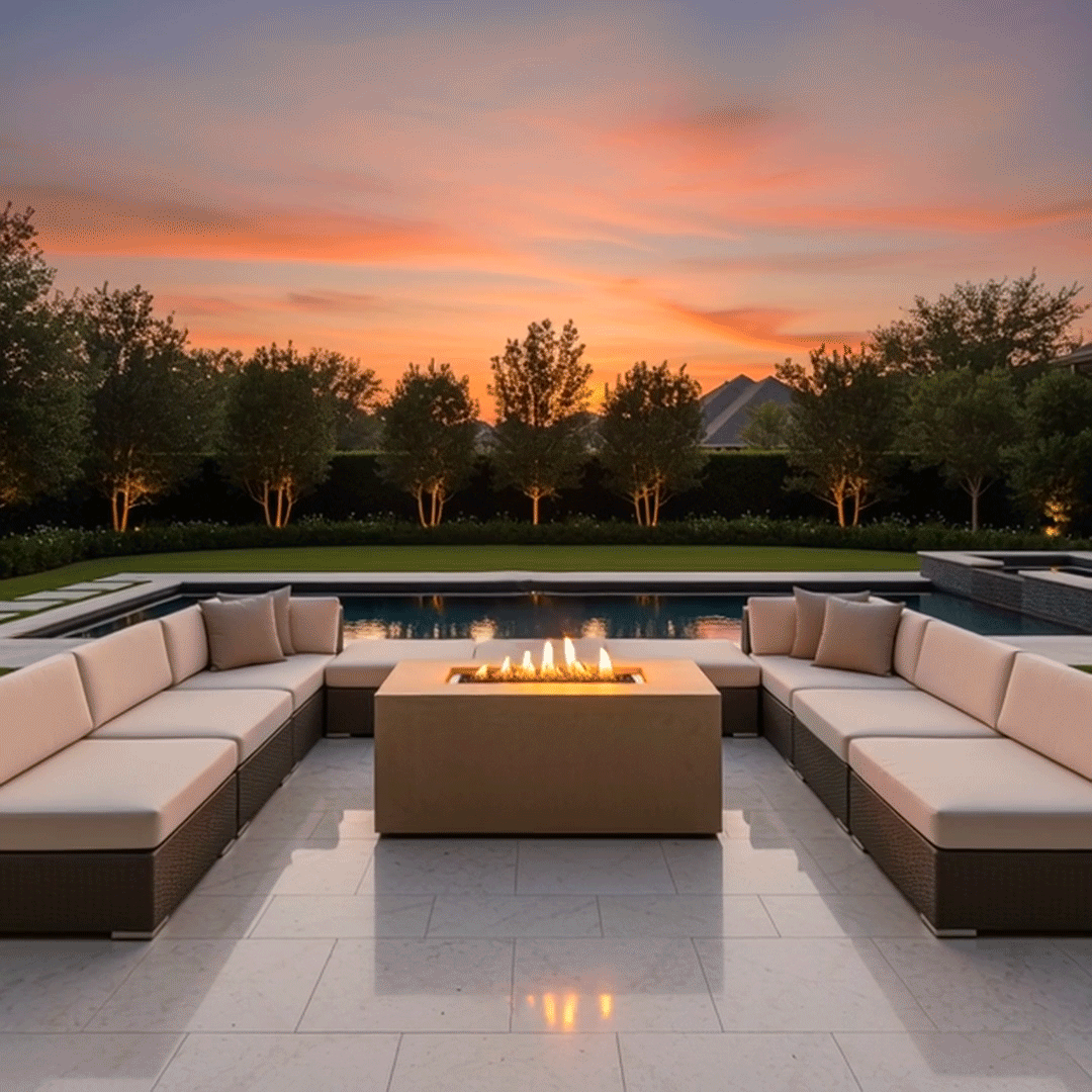 On a broad tiled terrace at sunset, two long low sectionals with pale cushions form a U-shaped seating area around a sand-colored concrete fire pit, the low rectangular fire pit holding a continuous strip of flames above dark stones at the edge of a reflecting pool, while evenly spaced trees, trimmed hedges, and glowing sky surround the symmetrical fire feature, giving the entire poolside scene the feeling of a sheltered backyard oasis.