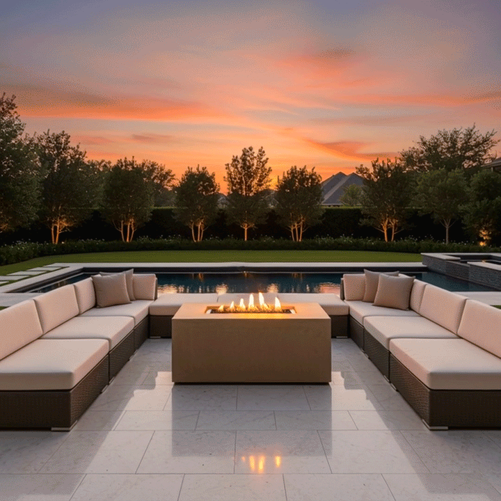 On a broad tiled terrace at sunset, two long low sectionals with pale cushions form a U-shaped seating area around a sand-colored concrete fire pit, the low rectangular fire pit holding a continuous strip of flames above dark stones at the edge of a reflecting pool, while evenly spaced trees, trimmed hedges, and glowing sky surround the symmetrical fire feature, giving the entire poolside scene the feeling of a sheltered backyard oasis.