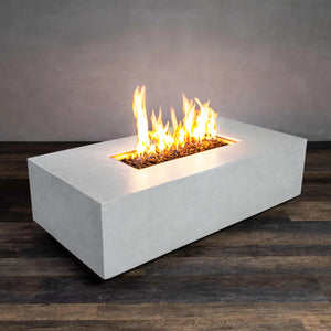  The Starfire Designs Beton 55" White Rectangle Gas Fire Pit, featuring a sleek white concrete finish with a clean rectangular design. Ideal for outdoor living spaces, this gas fire pit comes with an elegant rectangular burner and offers consistent, even flame distribution. Perfect for contemporary outdoor settings, providing warmth and style. 