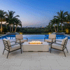 On a light tiled patio beside a shimmering blue pool, a low white concrete fire pit styled as a sleek fire table sends a steady ribbon of flame above dark lava rocks, surrounded by four cushioned lounge chairs with metal frames while palm trees, soft landscape lighting, and a distant city skyline at dusk complete the view, capturing an inviting outdoor fire pit scene made for relaxed patio fire pit conversations, shared drinks, and lingering evening outdoor entertaining.