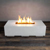 The side view of the Starfire Designs Beton 55" White Rectangle Gas Fire Pit showcases its minimalist rectangular structure. The white concrete body is durable and modern, providing a refined look to any backyard or patio. Equipped with a powerful burner, it ensures high-performance heat output. 