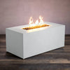 Front view of the Starfire Designs Beton 55" White Rectangle Hidden Propane Tank Gas Fire Pit, showcasing its sleek white concrete structure and strong flames. This modern fire pit offers a powerful heating solution with a hidden propane tank design, making it a stylish and functional addition to any outdoor space. Ideal for modern outdoor patio settings with high-end finishes.