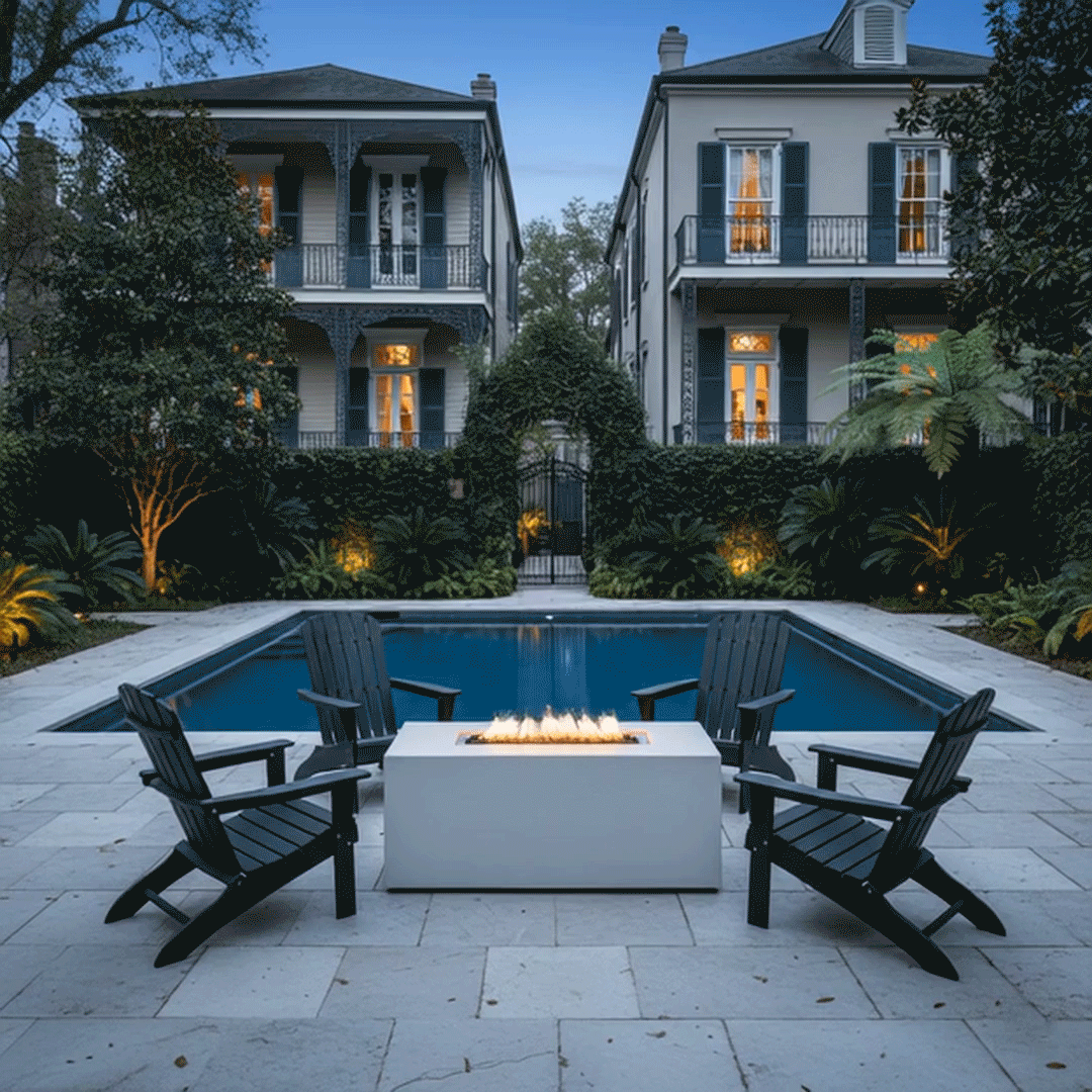 In a walled garden between two tall historic homes, four dark Adirondack chairs sit on a pale stone terrace facing a slim white rectangular fire pit centered at the end of a narrow pool, its long burner set into a recessed opening filled with dark stones and bright flames; the patio fire pit occupies the middle of the courtyard-style backyard fire pit area, with hedges, trees, and soft lighting framing the outdoor fire pit scene at dusk.