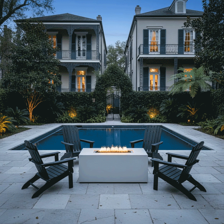 In a walled garden between two tall historic homes, four dark Adirondack chairs sit on a pale stone terrace facing a slim white rectangular fire pit centered at the end of a narrow pool, its long burner set into a recessed opening filled with dark stones and bright flames; the patio fire pit occupies the middle of the courtyard-style backyard fire pit area, with hedges, trees, and soft lighting framing the outdoor fire pit scene at dusk.