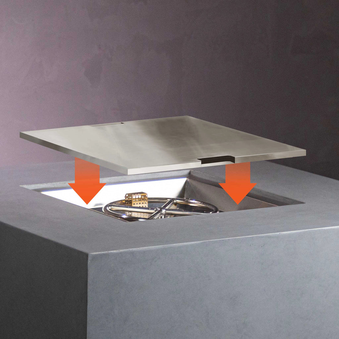 Starfire Designs Beton Square stainless steel burner cover in an application view, demonstrating the process of placement over the burner area for secure and stylish protection.