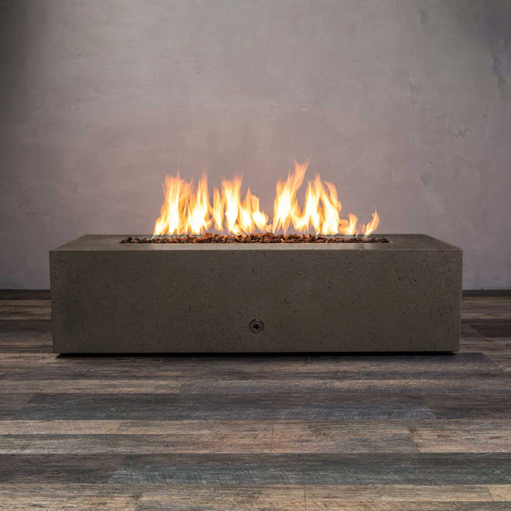 Starfire Designs 60-inch by 24-inch rectangular concrete gas fire pit in brown finish, with burning flame, perfect for outdoor patio fire pit areas
