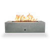 Starfire Designs Concrete Rustic 60 x 24 inch Linear Gravity Gas Fire Pit in natural gray, shown in a studio shot with flames, highlighting its sleek rectangular design for outdoor spaces