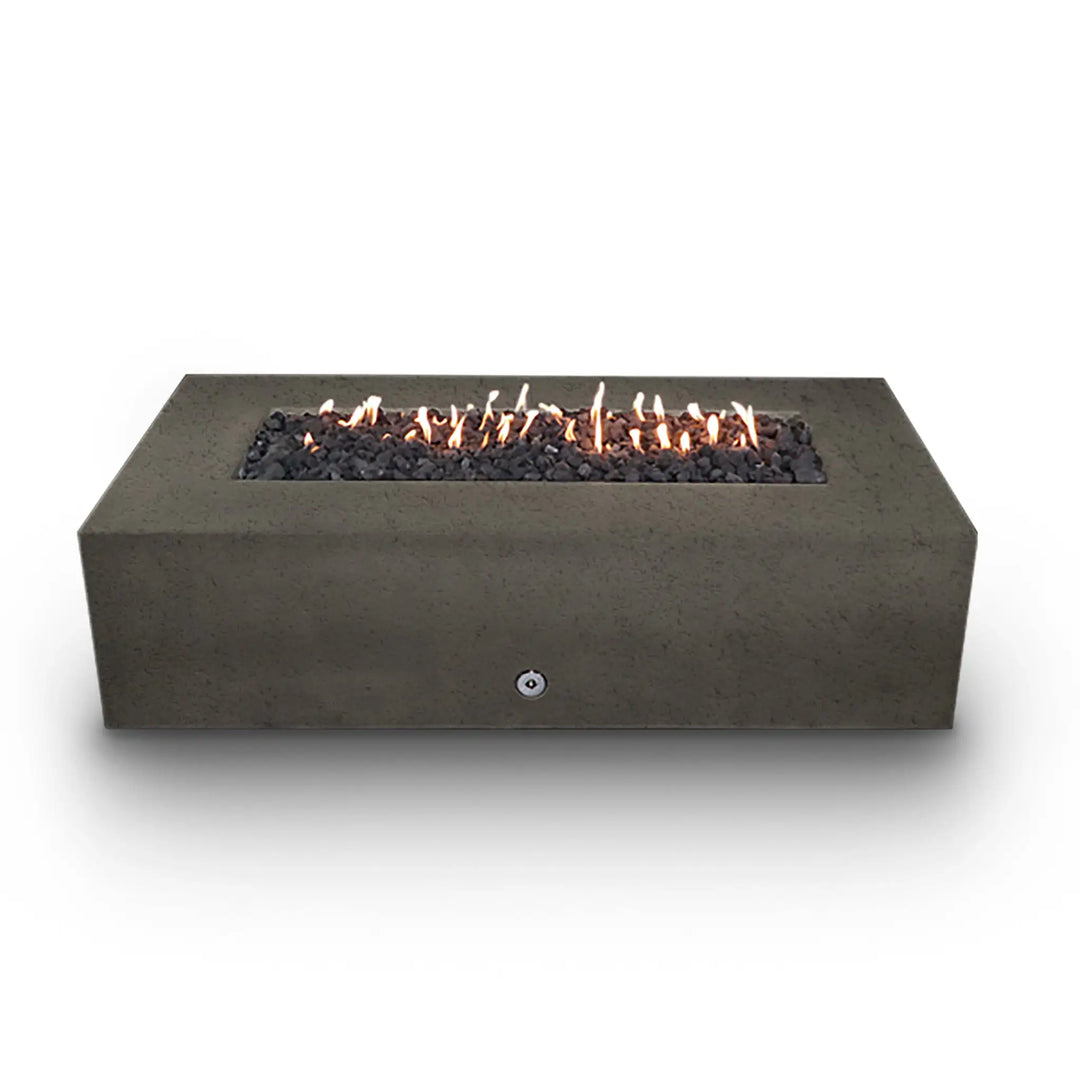 Starfire Designs Concrete Rustic 72-inch x 38-inch Rectangle Gravity Gas Fire Pit in Brown, front view with lava rocks and flames, showcasing the modern design and heat output, perfect for patios and backyards