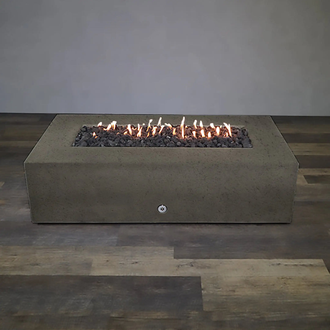 Full front view of the Starfire Designs Concrete Rustic 72-inch x 38-inch Rectangle Gravity Gas Fire Pit in Brown, featuring burning lava rocks, perfect for creating a warm and inviting outdoor atmosphere.