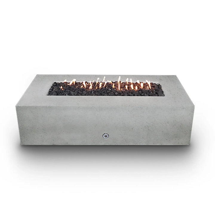 A full-view of the white Starfire Designs Concrete Rustic 72" x 38" Rectangle Gravity Gas Fire Pit, showcasing its robust build and even flame distribution, making it a centerpiece for any outdoor living space. Keywords: full-view fire pit, white concrete fire pit, outdoor heating, Starfire Designs, rectangle gas fire pit, modern design, rustic fire pit