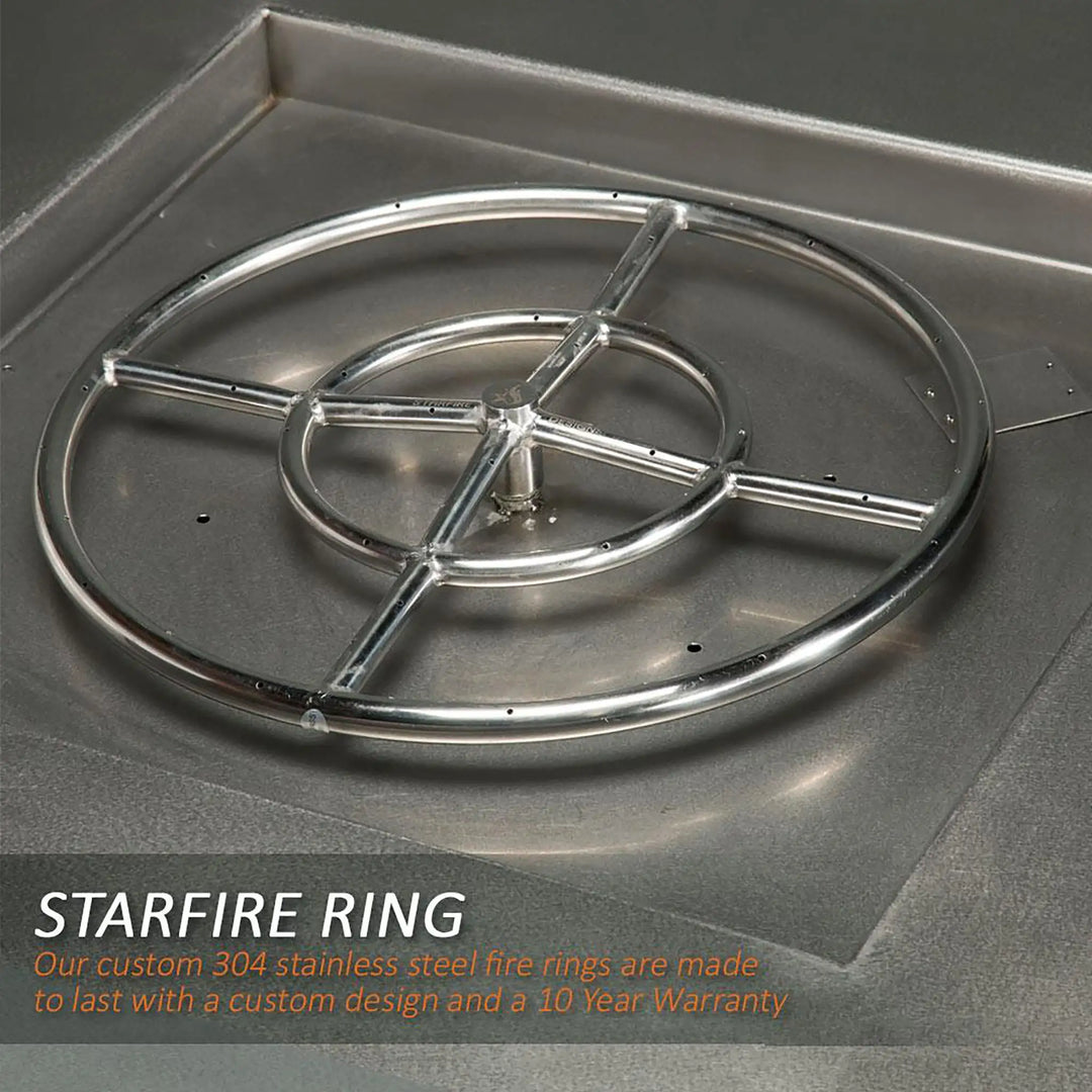 Close-up view of the Starfire Designs Edge Stainless Steel Gas Fire Pit's burner system, showcasing the durable 304 stainless steel fire ring and its precise engineering for optimal flame distribution. This fire pit is designed for outdoor use, ensuring longevity and high performance in various weather conditions