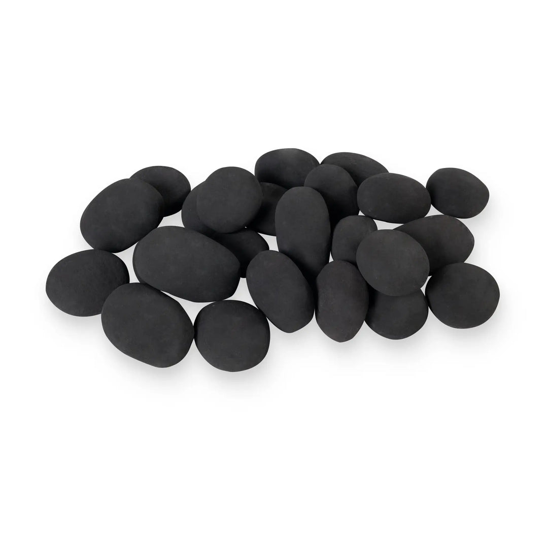 A detailed close-up of the Starfire Designs Fire Pebbles in black, highlighting the smooth texture and modern appeal of the set. Arranged in a neat formation, these fire pebbles provide a sleek, minimalist aesthetic, perfect for modern fire pits and outdoor decor.