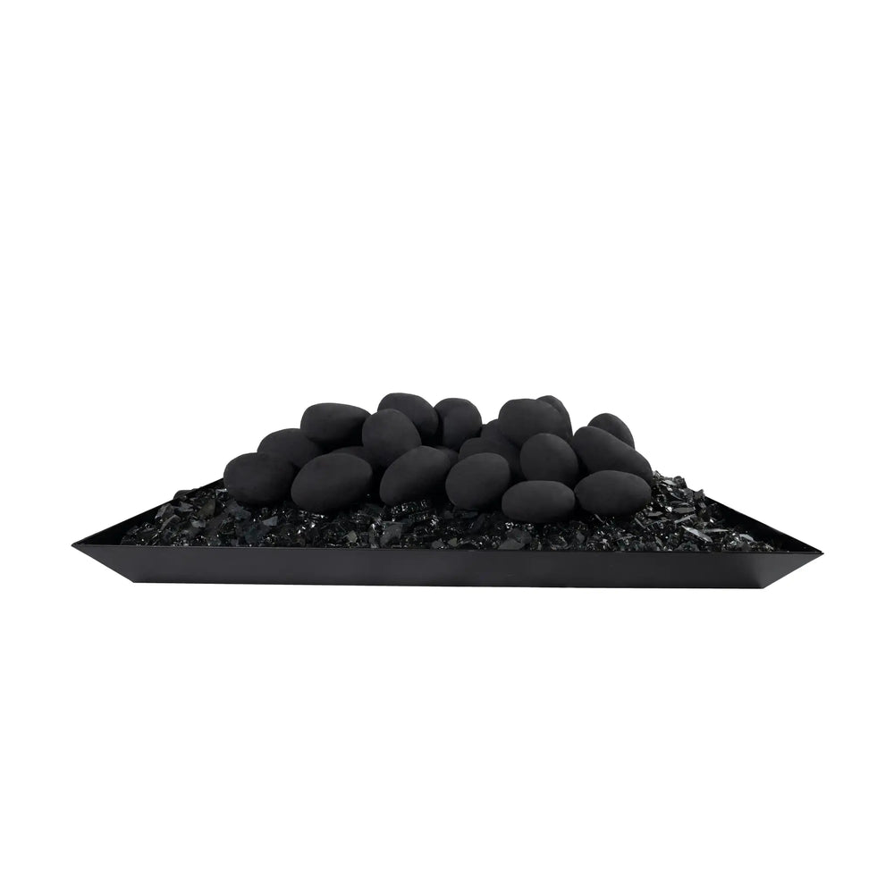 A side view of Starfire Designs Fire Pebbles 24-piece set in black. The pebbles are neatly arranged on a black tray filled with fire glass. Their smooth, dark finish makes them a striking addition to any fire pit setup. Perfect for those seeking a modern, stylish fire pit design.