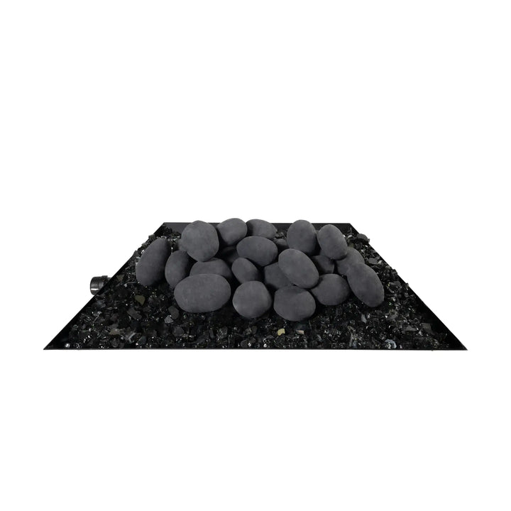 A side view of Starfire Designs Fire Pebbles, 24-piece set in dark gray, displayed in a clean studio setting. These fire pebbles are ideal for adding a modern, minimalist aesthetic to fire pits and offer excellent durability, making them a great choice for outdoor fire pit setups.