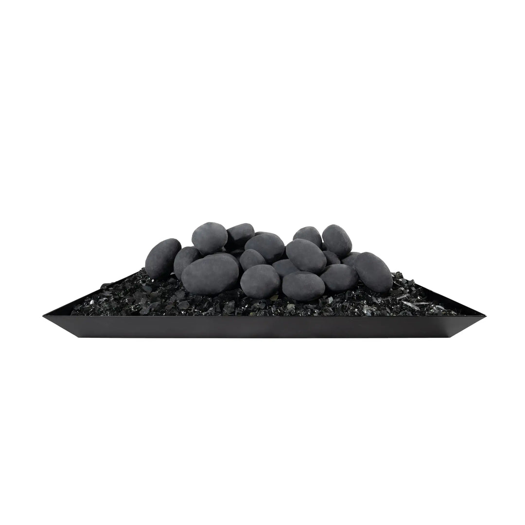 A set of 24 Starfire Designs Fire Pebbles in dark gray, showcased in a product silo shot from a front angle. These ceramic fire pebbles add a refined and modern look to any fire pit. Perfect for elevating the look of your fire pit with durable, heat-resistant stones that provide optimal flame distribution.