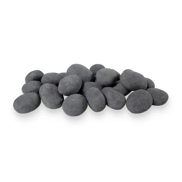 Overhead silo view of Starfire Designs Fire Pebbles, 24-piece set in light gray. The smooth ceramic stones are uniformly arranged, showcasing their versatility and elegant design. Perfect for fire pits and fireplaces, these pebbles bring a natural and polished look to fire features. The neutral light gray tone fits various outdoor styles, offering both functionality and beauty.