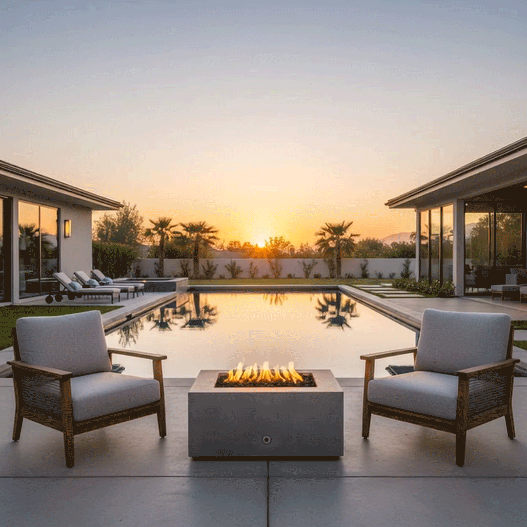 A grey concrete fire pit with a square profile sits centrally on a paved deck between two cushioned armchairs. The setting depicts a serene backyard oasis with a large swimming pool reflecting the golden sunset light. Steady flames rise from the center of the square fire pit, creating a warm focal point for the patio fire pit area against a backdrop of palm trees and modern residential architecture.