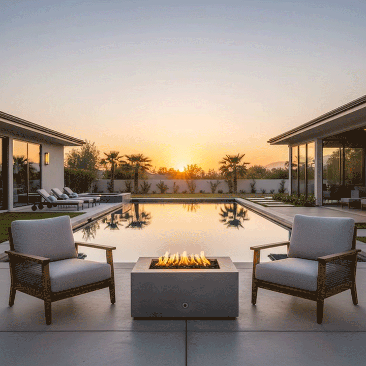 A grey concrete fire pit with a square profile sits centrally on a paved deck between two cushioned armchairs. The setting depicts a serene backyard oasis with a large swimming pool reflecting the golden sunset light. Steady flames rise from the center of the square fire pit, creating a warm focal point for the patio fire pit area against a backdrop of palm trees and modern residential architecture.