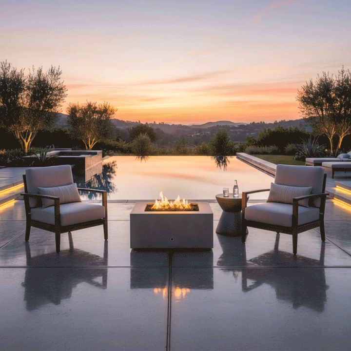 A modern fire pit with a square grey finish sits on a polished concrete deck next to an infinity pool during a vibrant sunset. Two armchairs and a small side table frame the fire feature, creating an intimate spot for outdoor entertaining. LED step lighting in the background complements the amber glow of the propane fire pit, creating a cohesive lighting design that reflects softly on the wet pool deck.