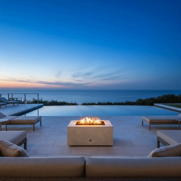 A luxury fire pit in a white finish sits centrally on a stone terrace, framed by a large sectional sofa and an infinity pool at twilight. The steady flames of the modern fire pit reflect on the water's surface, creating a sophisticated atmosphere for outdoor entertaining. The scene highlights the sleek design of this backyard oasis against a deep blue ocean horizon.