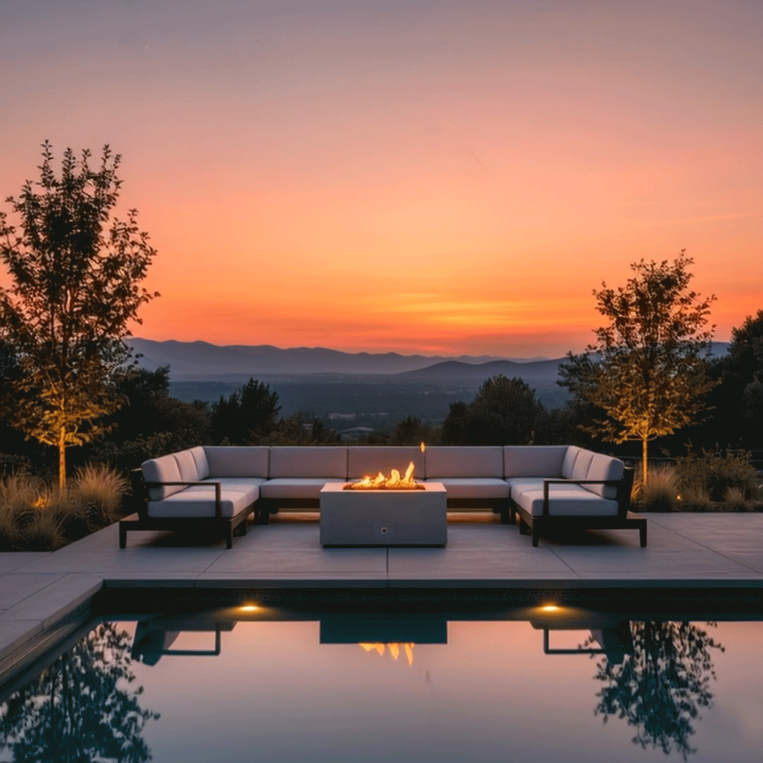 A U-shaped sectional sofa surrounds a low-profile square fire pit on a terrace overlooking distant mountains at twilight. The luxury fire pit emits a warm glow that reflects in the infinity pool in the foreground, creating a sophisticated atmosphere. This setup highlights a spacious family gathering fire pit arrangement, demonstrating how the gas fire pit serves as a central anchor for evening relaxation and conversation.
