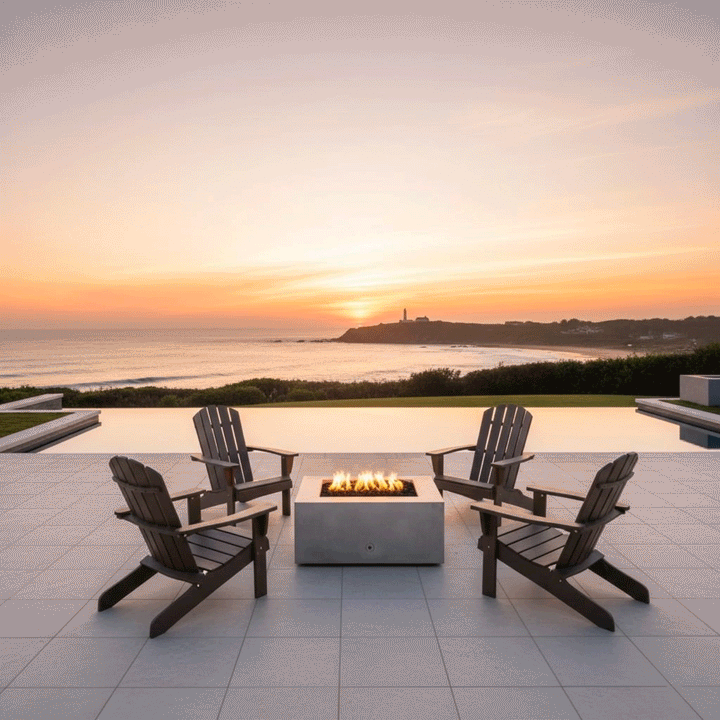 Four dark wood Adirondack chairs surround a white square fire pit on a patio overlooking the ocean and a distant lighthouse at sunset. The outdoor fire pit serves as a warm focal point, with bright flames rising from the center fire feature. This setup illustrates an idyllic family gathering fire pit location, where the gas fire pit enhances the scenic coastal view.