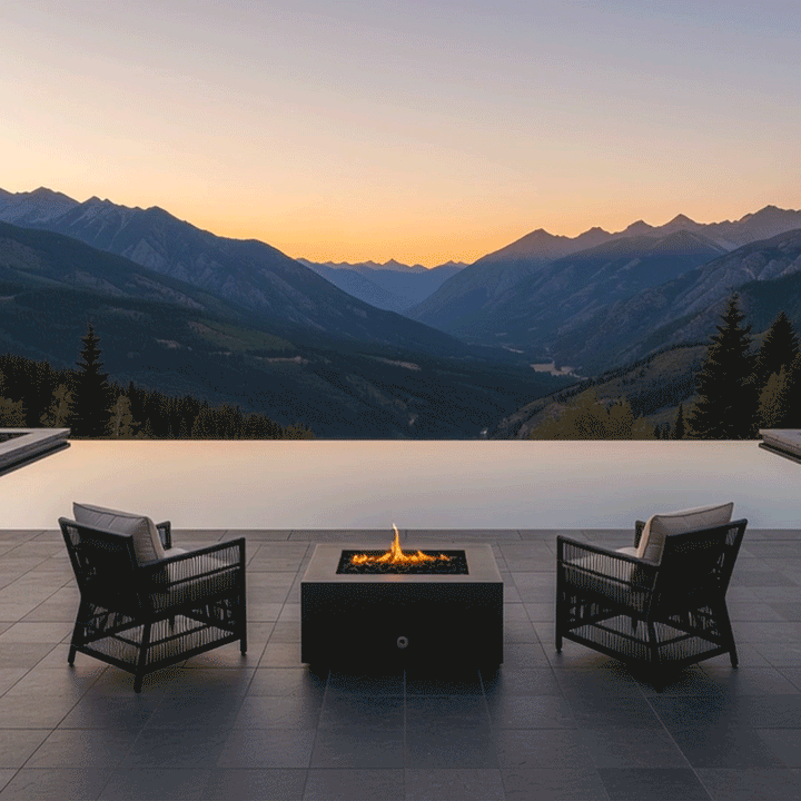A luxury fire pit in a dark graphite finish anchors a serene terrace overlooking a mountain range at sunset. Two modern woven armchairs flank the square fire pit, positioned near the edge of an infinity pool. The steady amber flames from the gas fire pit create a warm contrast against the cool mountain backdrop, establishing an intimate and sophisticated setting for outdoor entertaining in a high-altitude location.