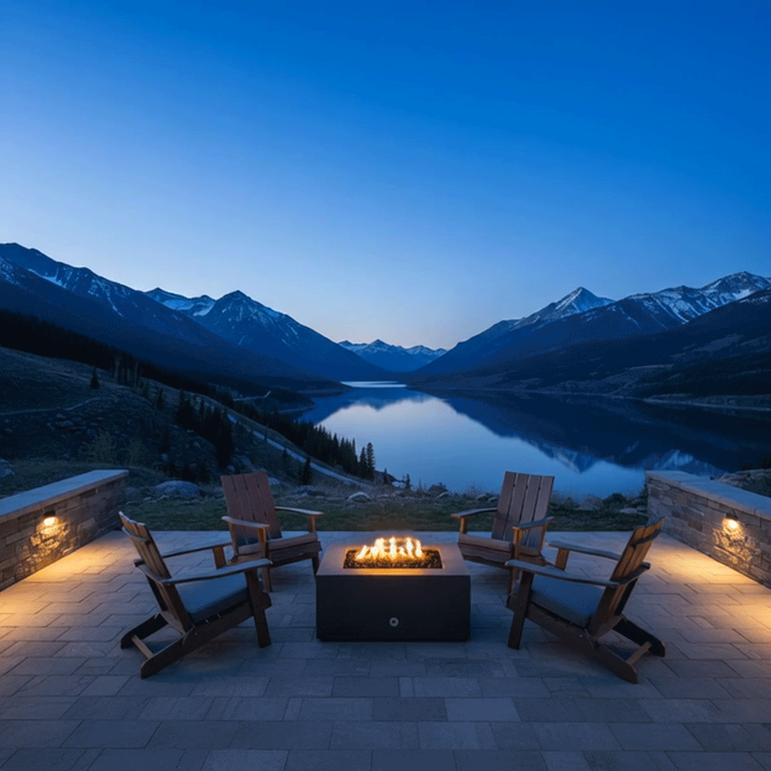 A graphite outdoor fire pit serves as the gathering point on a stone patio overlooking a tranquil lake and mountains during blue hour. Four wooden Adirondack chairs surround the square fire pit, creating a cozy backyard fire pit arrangement. The bright yellow flames of the fire feature provide a striking contrast to the deep blue twilight sky, showcasing the warmth a propane fire pit adds to a scenic waterfront property.