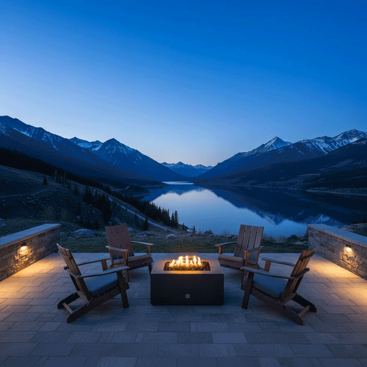 A graphite outdoor fire pit serves as the gathering point on a stone patio overlooking a tranquil lake and mountains during blue hour. Four wooden Adirondack chairs surround the square fire pit, creating a cozy backyard fire pit arrangement. The bright yellow flames of the fire feature provide a striking contrast to the deep blue twilight sky, showcasing the warmth a propane fire pit adds to a scenic waterfront property.