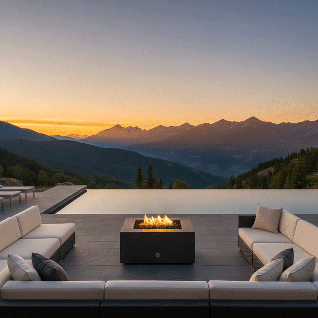 A U-shaped outdoor sectional sofa surrounds a low-profile square fire pit in a graphite finish, set against a spectacular mountain sunset. The patio fire pit is positioned on a paved deck next to an infinity pool, creating a luxurious backyard oasis. Clean-burning flames rise from the center, illustrating a smokeless fire pit experience that allows for unobstructed views and comfortable conversation in this spacious family gathering fire pit setting.