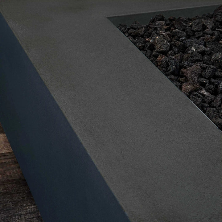 Detailed view of the graphite concrete texture of the Starfire Designs Gravity 36-inch Square Concrete Gas Fire Pit. The sleek and smooth surface emphasizes the fire pit’s modern and high-end design, perfect for contemporary outdoor décor. 