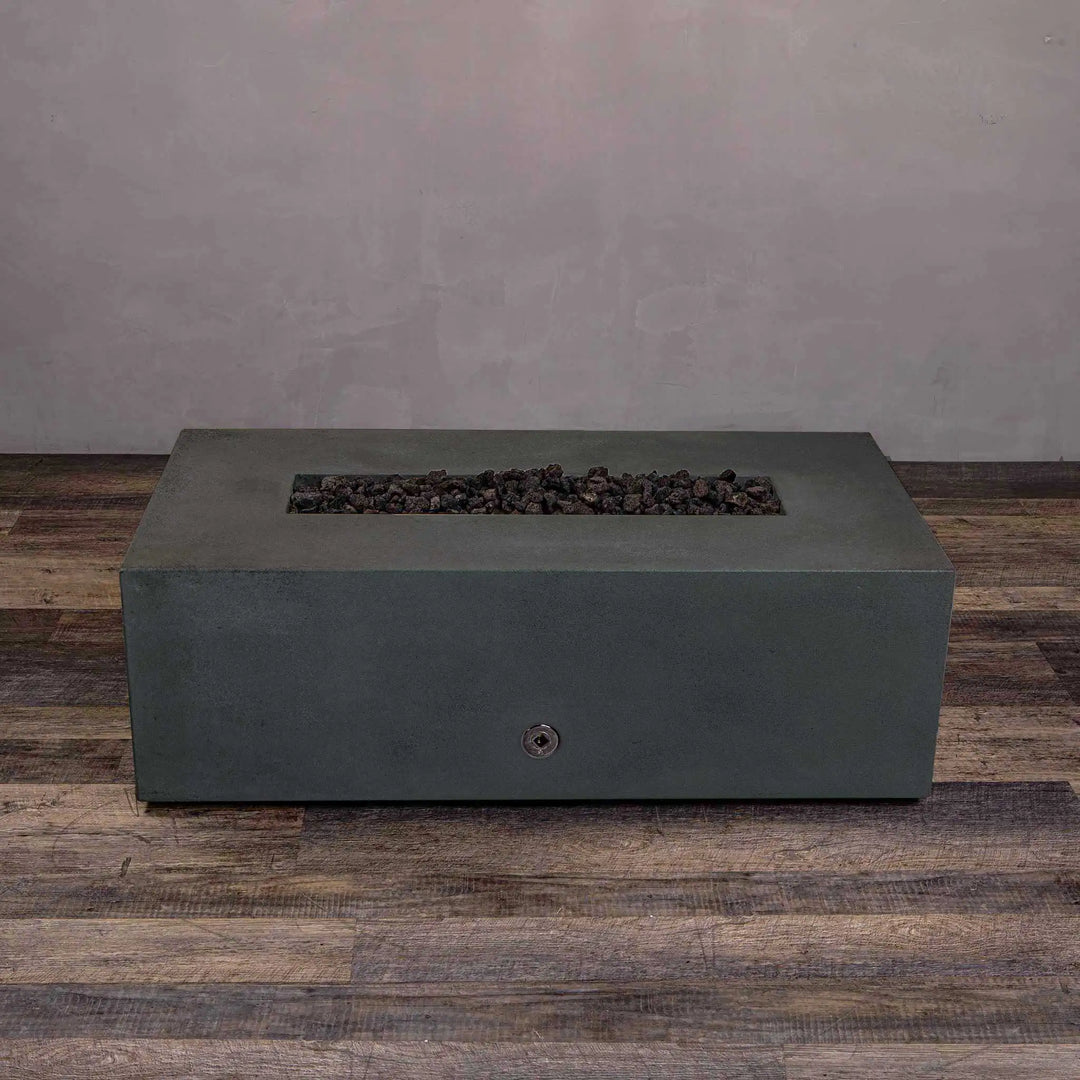 Front view of the Starfire Designs Gravity 60" x 24" Linear Concrete Gas Fire Pit in Graphite with no flames, showing the minimalist design and high-quality concrete finish. Ideal for large backyard fire pits and commercial outdoor settings