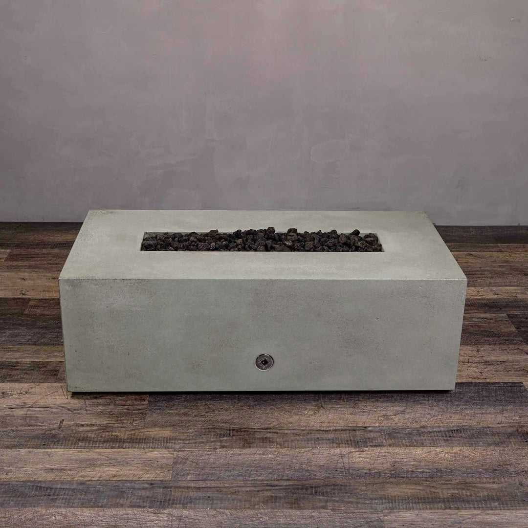 Front view of Starfire Designs Gravity 60-inch by 24-inch linear concrete gas fire pit in natural gray without flame, showcasing the rectangular burner compartment. Ideal for outdoor fire pits, providing a sleek, modern aesthetic for any outdoor setting