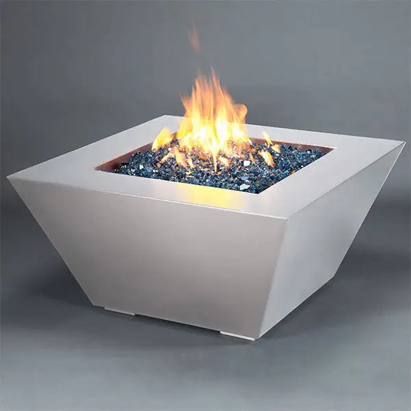 Starfire Designs Mill 48-inch Square Steel Gas Fire Pit in White Hammertone finish with a vibrant flame showcasing its modern design